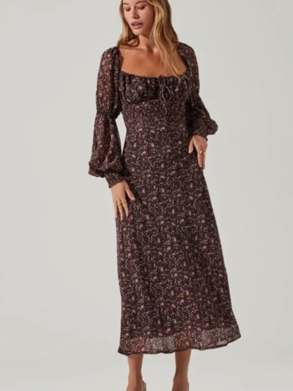 Free People ASTR Dominique Floral Print Long Midi Dress Square Neckline M 6 8